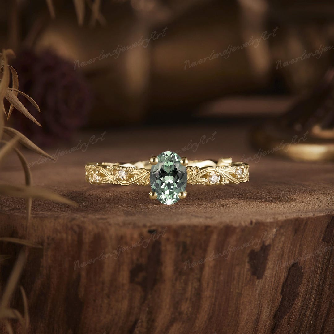 Art Deco Green Sapphire Engagement Ring Solid Gold Filigree Floral Ring ...