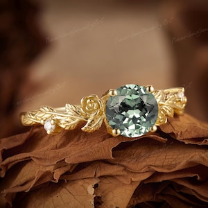 Round Green Sapphire Engagement Ring Yellow Gold Vintage Floral Ring Leaf Engraved Wedding Ring  Diamond Rings Promise Rings for Women