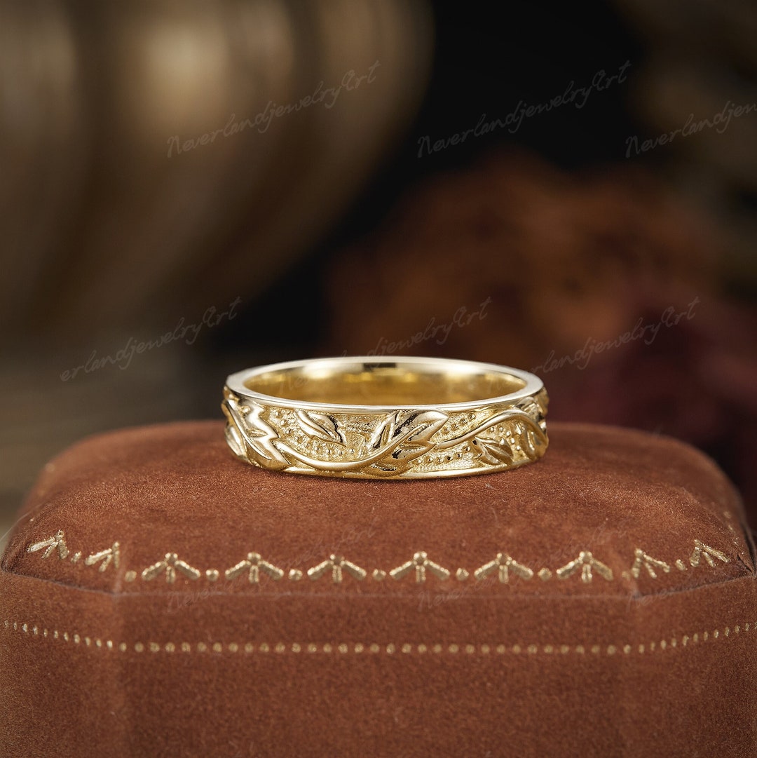 Vintage Mens Wedding Band Gold Couple Rings Nature Inspired Leaf Floral ...