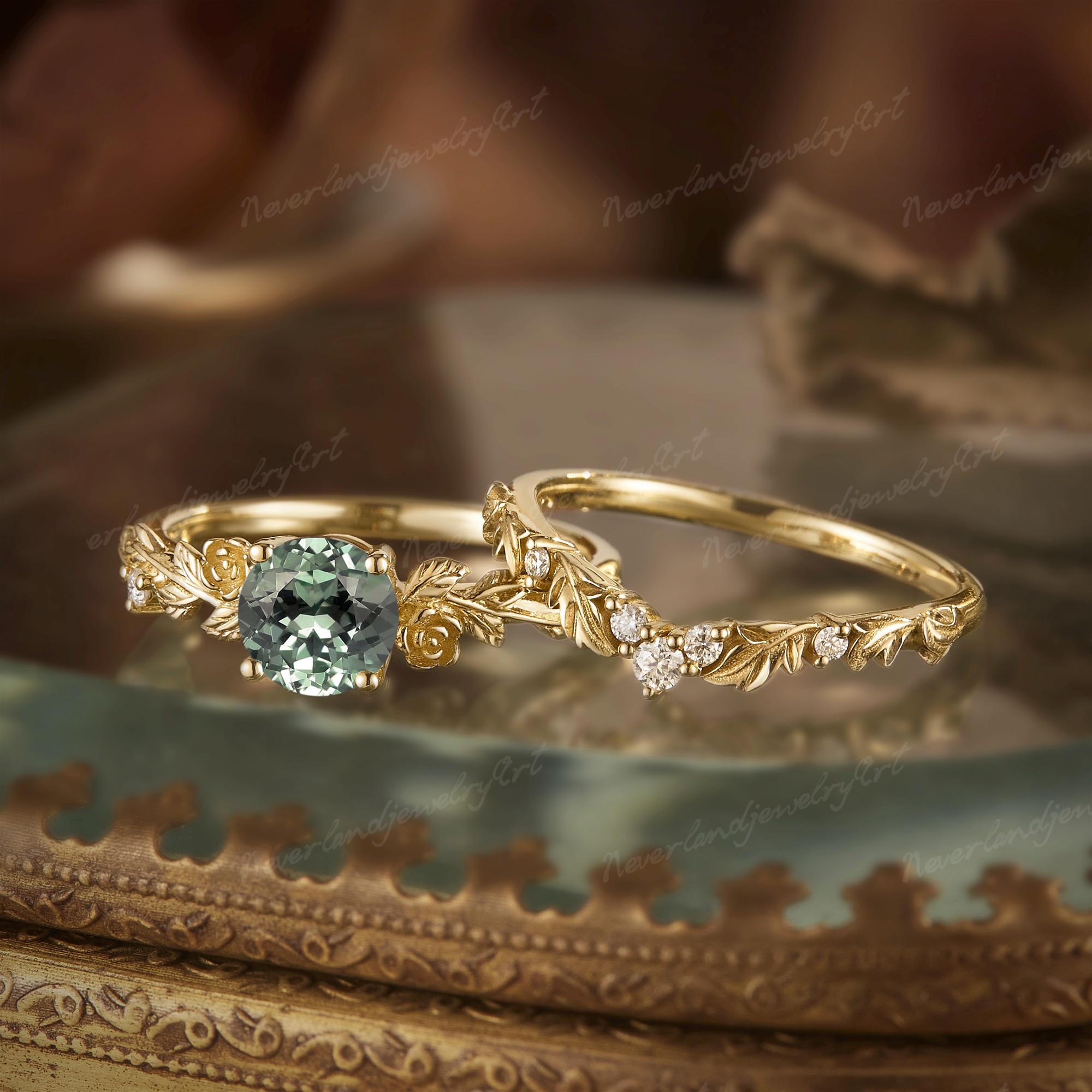 Green Sapphire Engagement Ring | Floral Ring With Diamonds  Green and Gold Floral Ring display picture 1