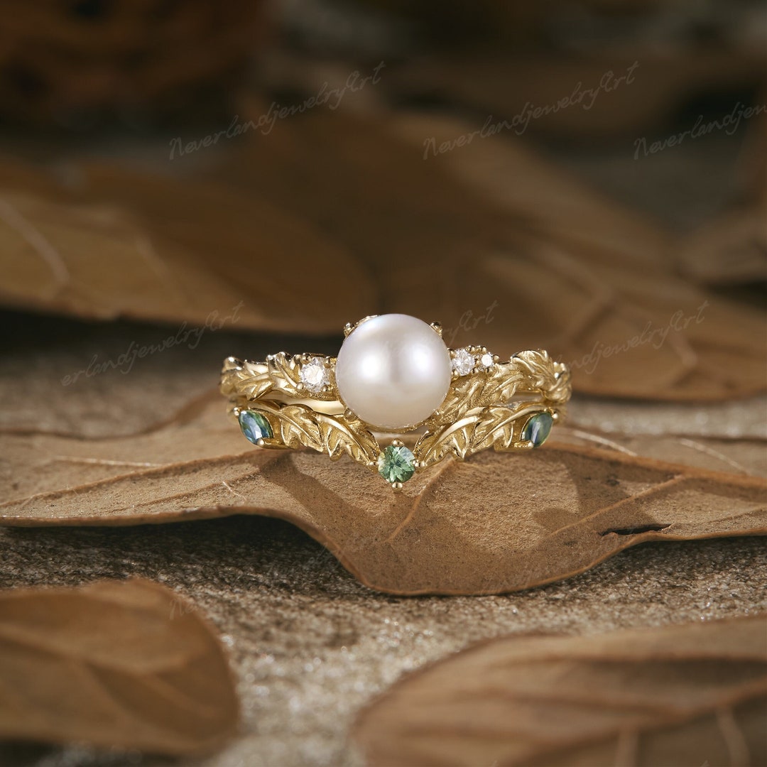Akoya Pearl Engagement Ring Set Nature Inspired Leaf Floral Wedding ...