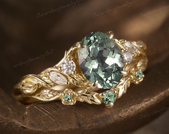 Oval Green Sapphire Engagement Ring Set Solid Gold Vintage Leaf Engraved Ring Cluster Diamond Ring Twisted Wedding Rings For Women