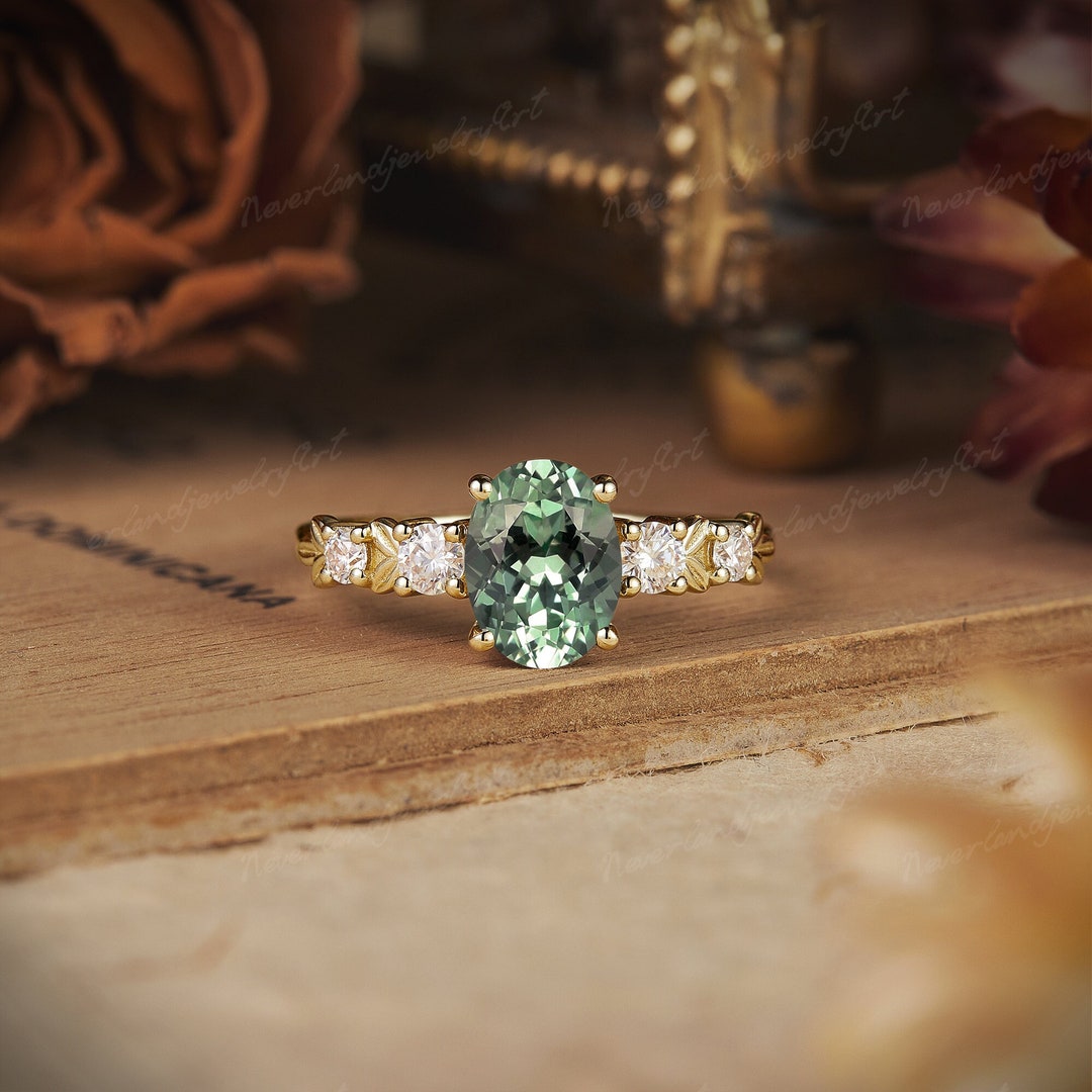 Oval Cut Green Sapphire Engagement Ring Vintage Leaf Floral Gold ...
