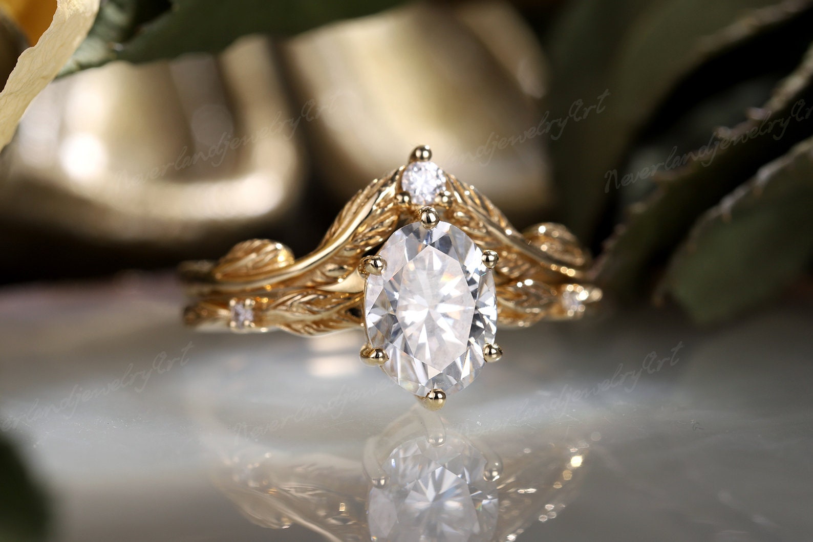 Vintage Oval Cut Moissanite Engagement Ring Set Solid Gold Leaf Ring ...