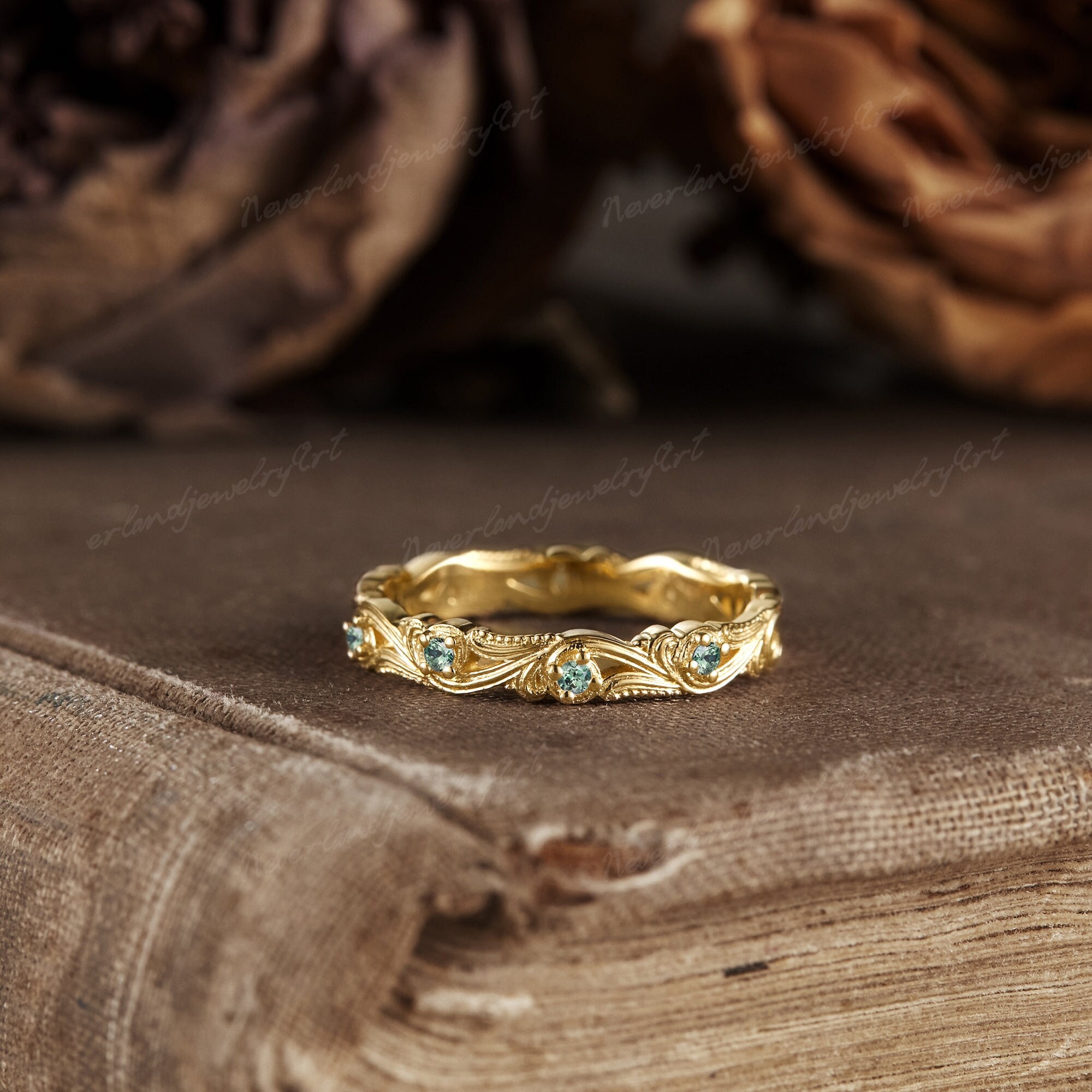 Vintage Green Sapphire Wedding Ring Unique Full Eternity Wedding Band Filigree Yellow Gold Handmade Engagement Ring Promise Ring For Women