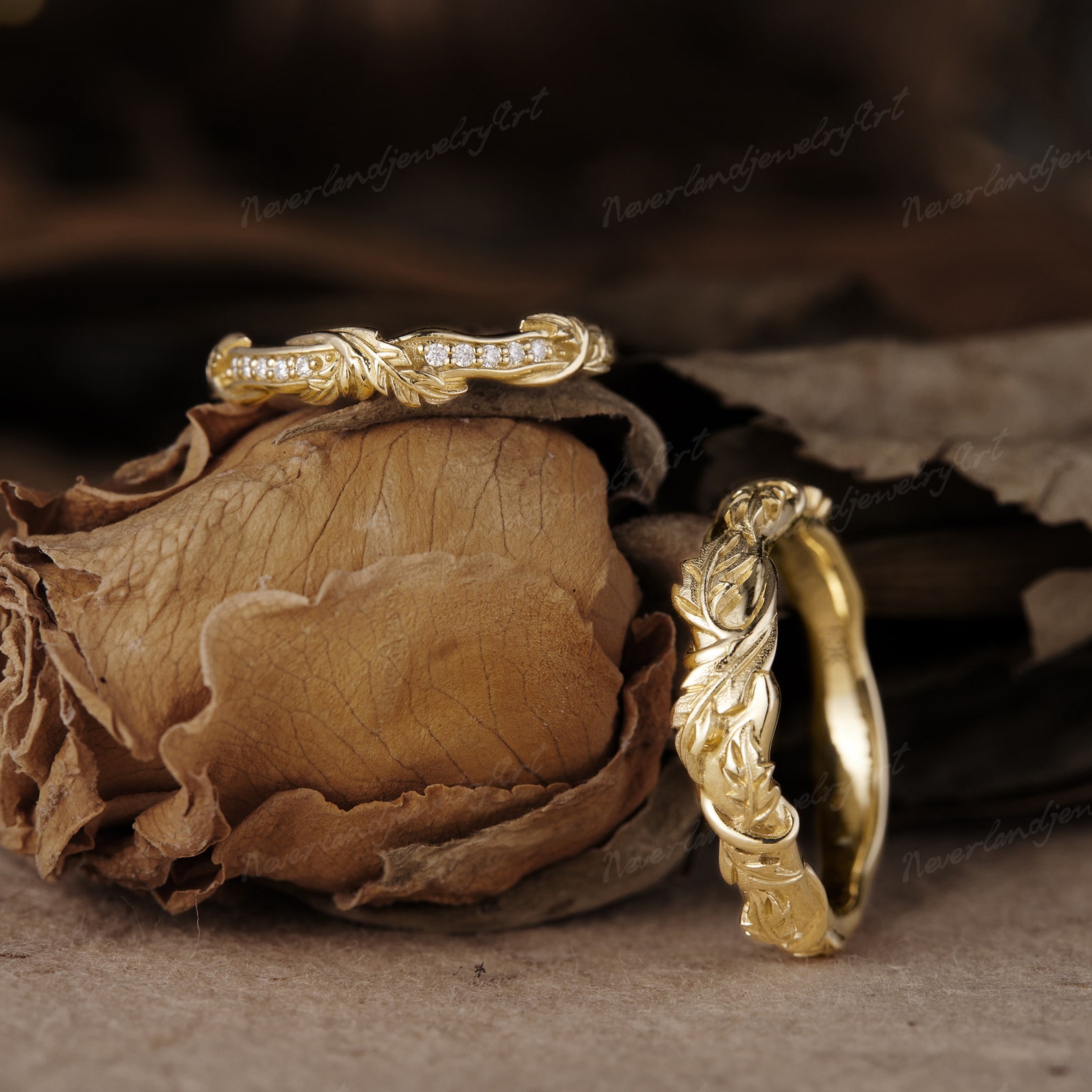 Men's Rings Leaf Pattern 2pcs Couple Rings Set Leaf Engraving Diamond Engagement Rings Mens Leaf ...
