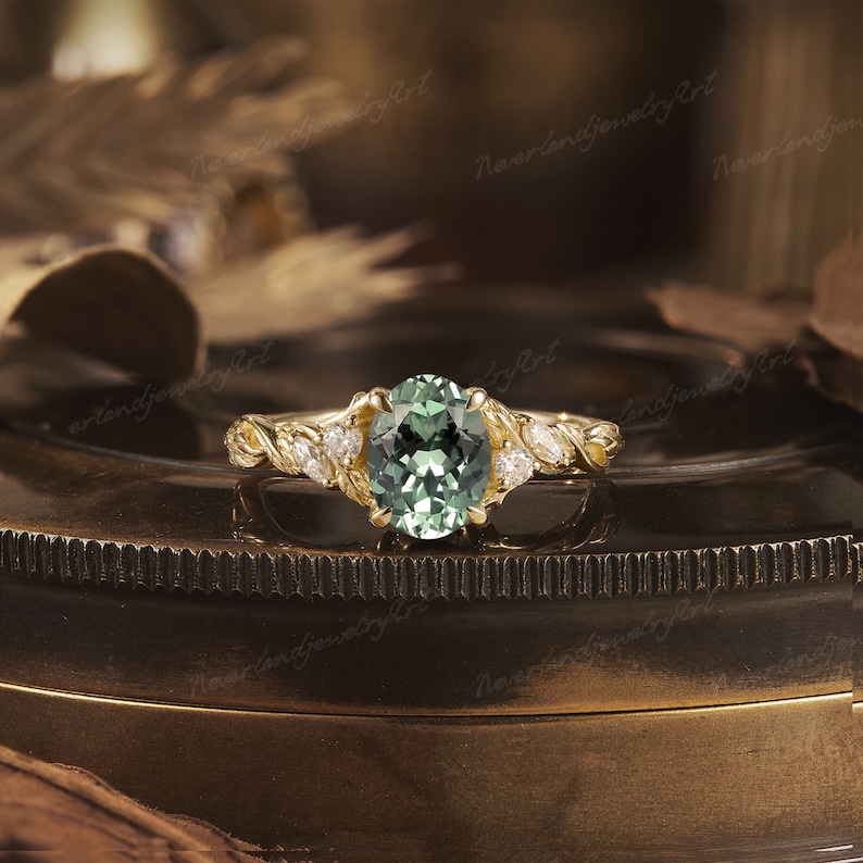 Oval Green Sapphire Engagement Ring Unique Leaf Engraving Wedding Rings ...