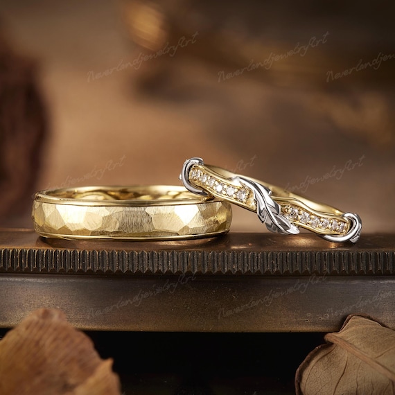 Unique 2pcs Diamond Couple Ring Set Nature Inspired Leaf Rings Two