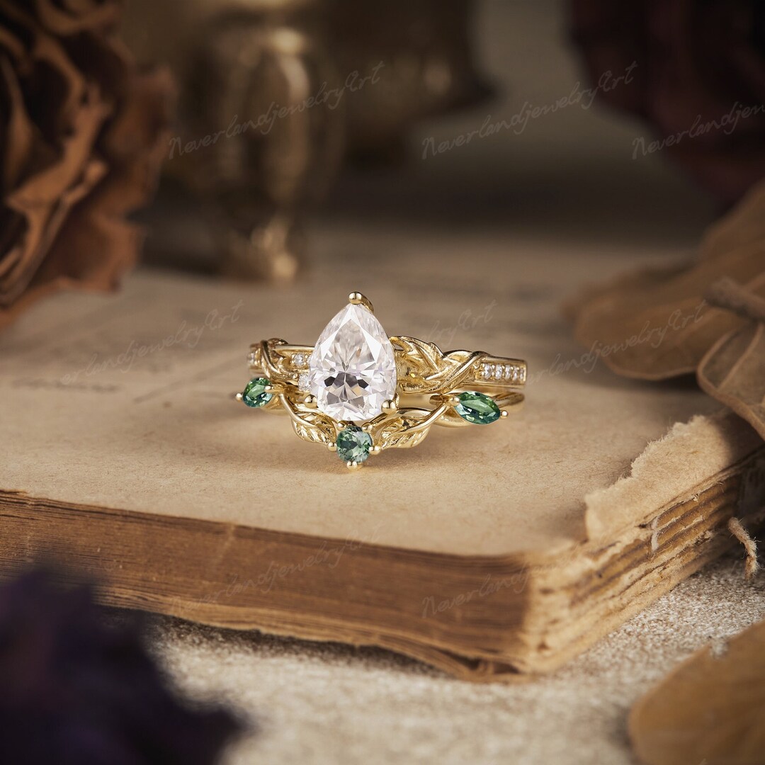 Vintage Moissanite Engagement Ring Set Moissanite Leaf Gold Cluster ...