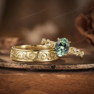 2pcs Green Sapphire Couple Ring Set Nature Inspired Diamond Rings Leaf Wedding Bands Solid Gold Engraved Ring Anniversary Ring Gifts for Him