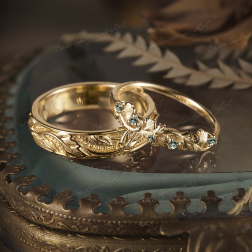 2pc Couple Rings Set Green Sapphire Engagement Ring Set Ginkgo
