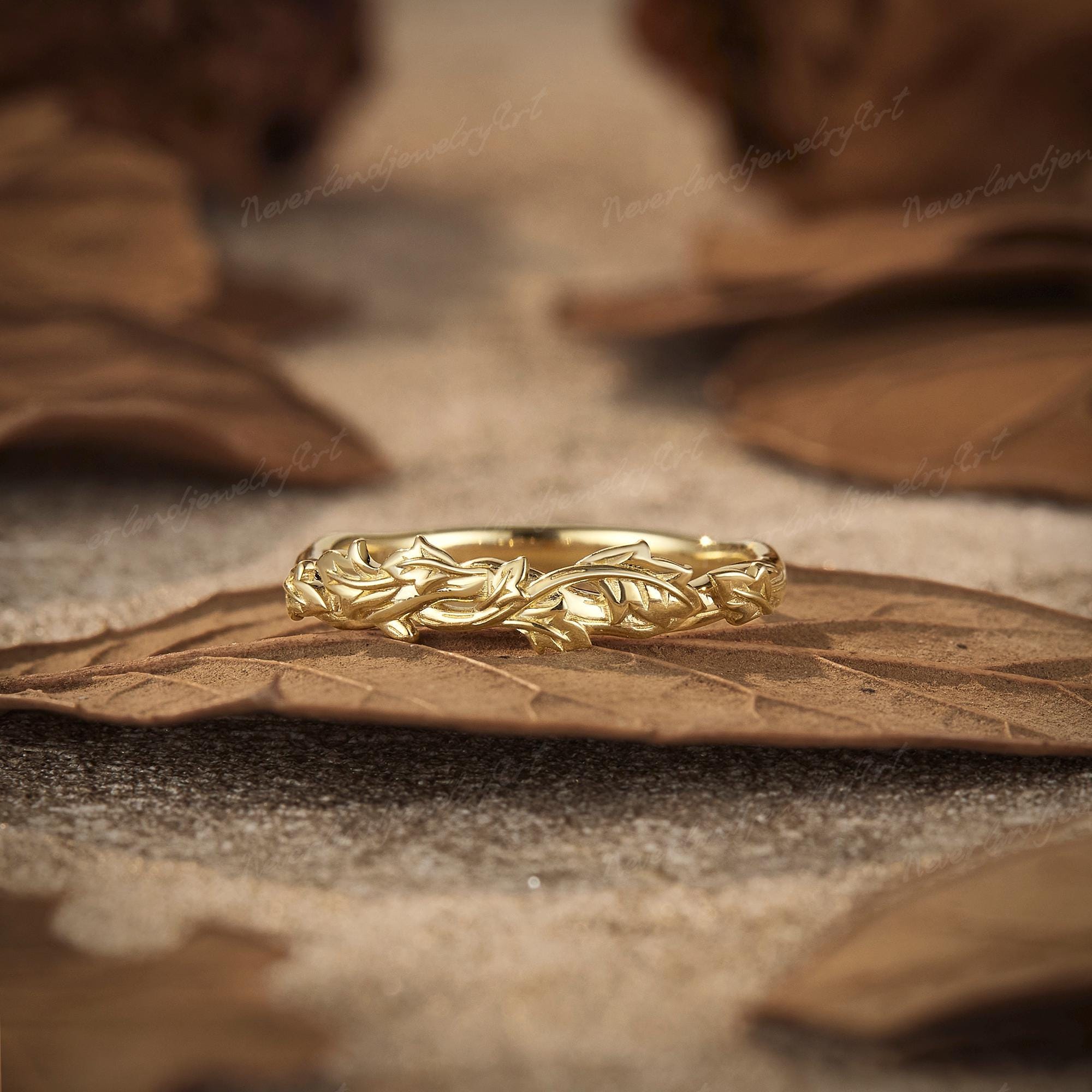 Men's Rings Leaf Pattern Vintage Solid Gold Leaf Wedding Band Nature Inspired Leaf Ring for Men ...