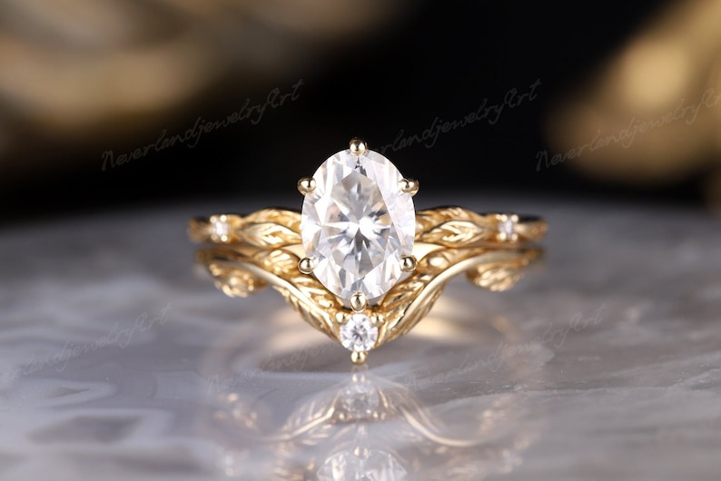 Vintage Oval Cut Moissanite Engagement Ring Set Solid Gold Leaf Ring ...