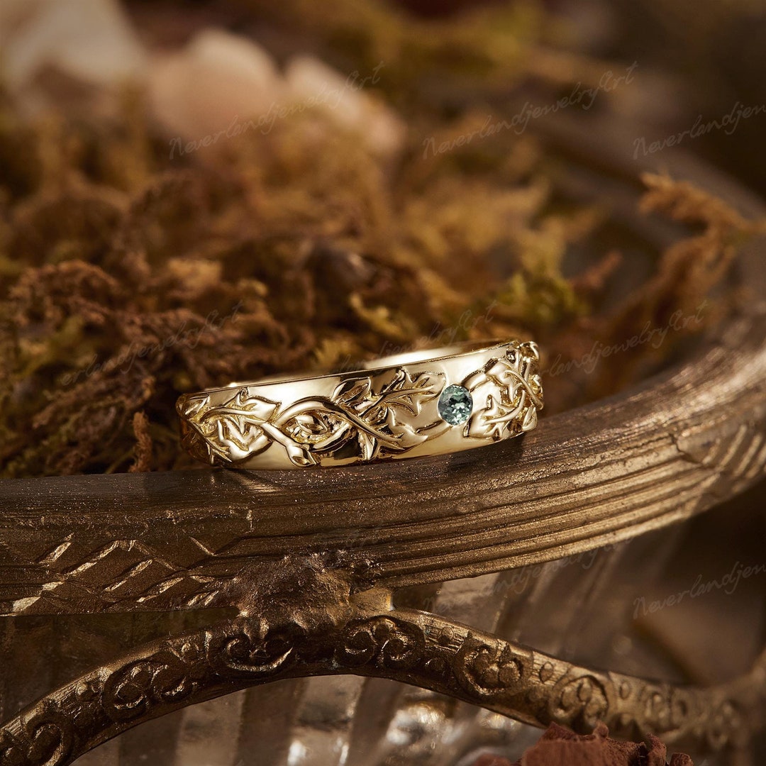 Vintage Green Sapphire Mens Wedding Band Unique Gold Rings Mens Branch ...