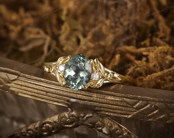 TREASURE IIIIウフ 紫陽花 リング グリーンサファイア 7号 ユニークなグリーンサファイアの婚約指輪、花柄の純金リング、自然に