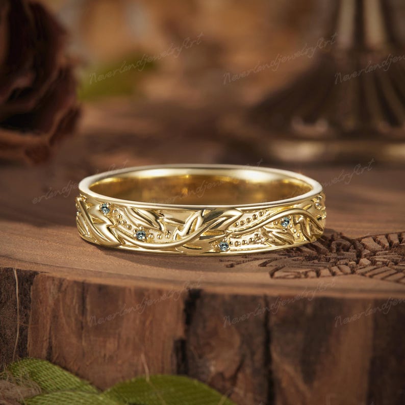 Men's Rings Leaf Pattern Vintage Green Sapphire Mens Band Nature Inspired Mens Ring Solid Gold ...
