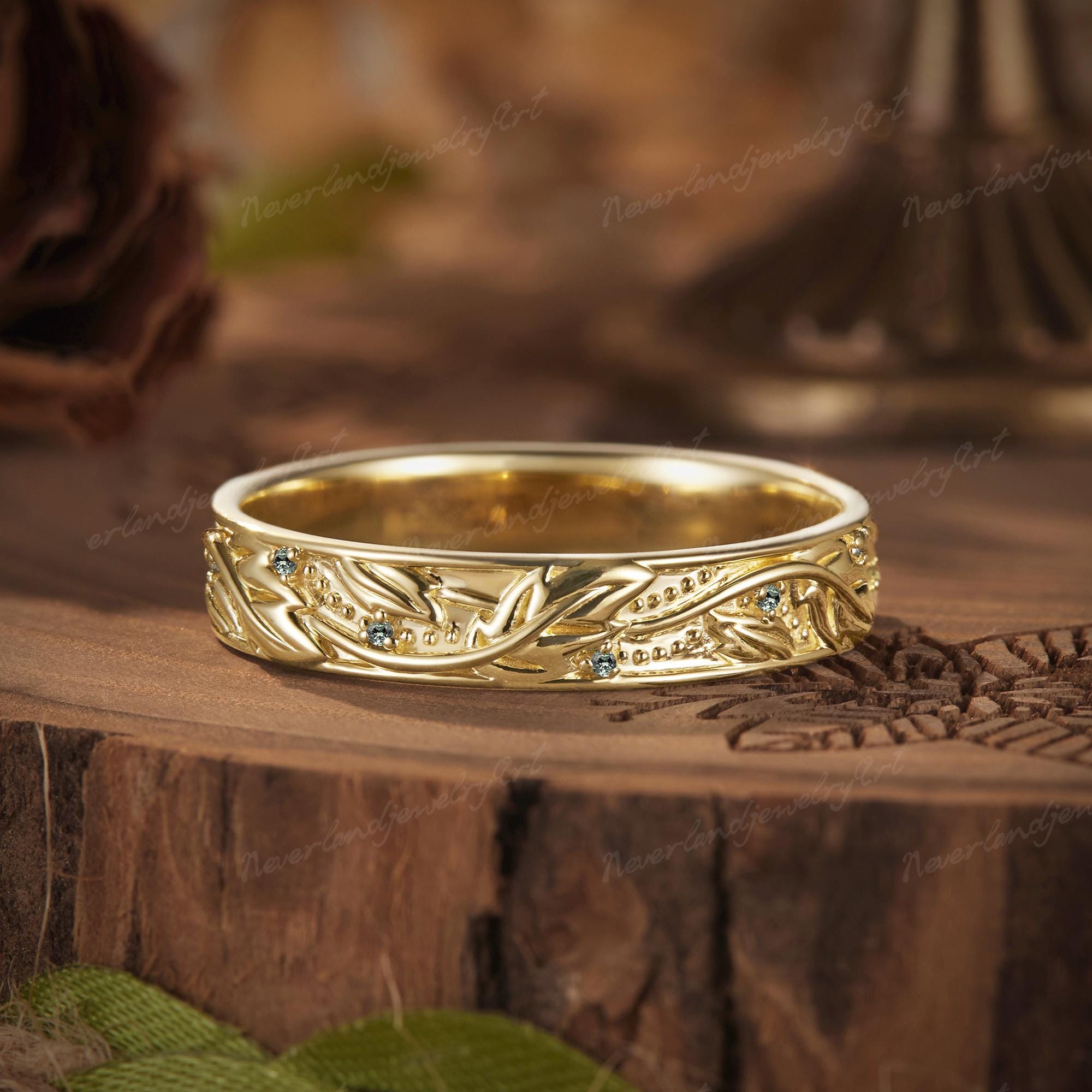 vintage-green-sapphire-mens-band-nature-inspired-mens-ring-solid-gold