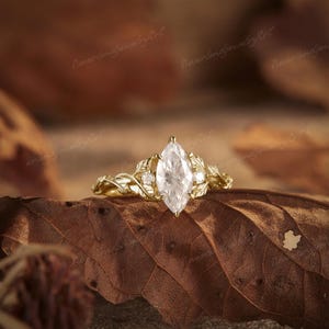 Unique Diamond Marquise Cut Engagement Ring Yellow Gold Leaf Engraved ...