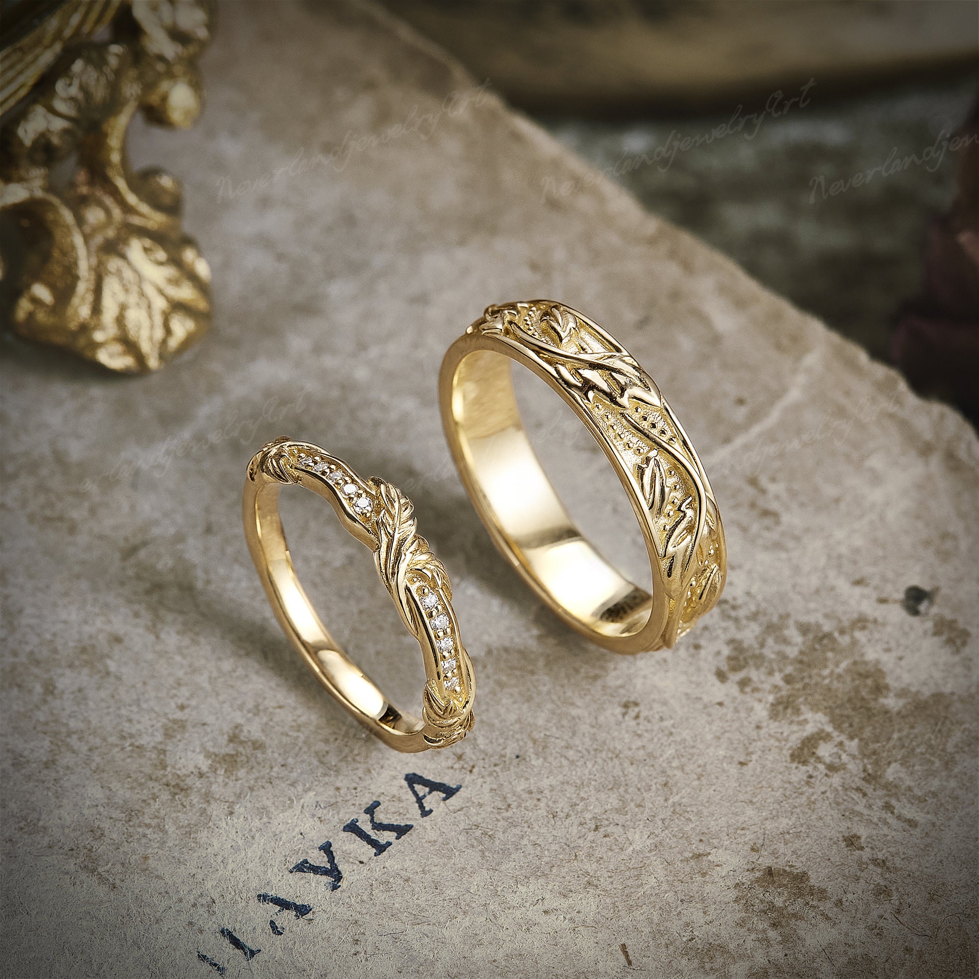 2pcs Couple Rings Set Natural Inspired Ring Diamond Wedding Ring Set ...