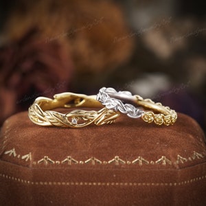 2pcs Couple Ring Set Natural Inspired Leaf Floral Engagement Ring For Women Unique Gold Handmade Ring For Men Diamond Cluster Promise Ring