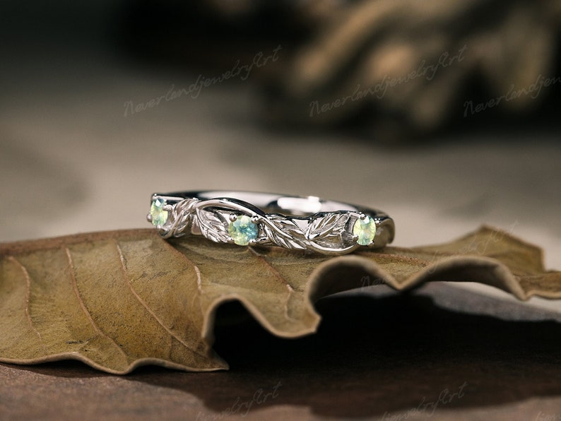Vintage Green Sapphire Wedding Band Nature Inspired Leaf Branch Engraved Bridal Band Unique White Gold Straight Wedding Ring Stacking Ring