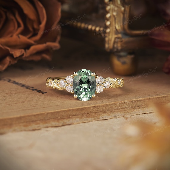 Vintage Green Sapphire Engagement Ring Nature Inspired Leaf Floral