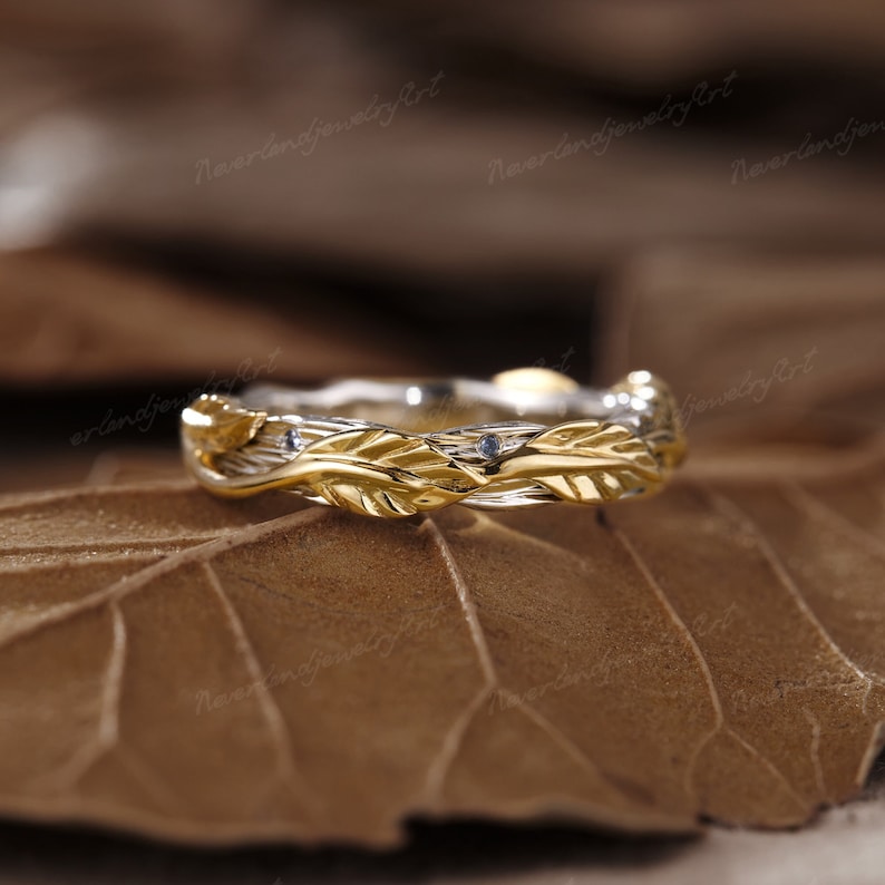 Leaf Wedding Ring Unique Two Tone Gold Wedding Band Leaf Engraving Ring Handmade Ring Unique Sapphire Stacking Wedding Band Anniversary Gift