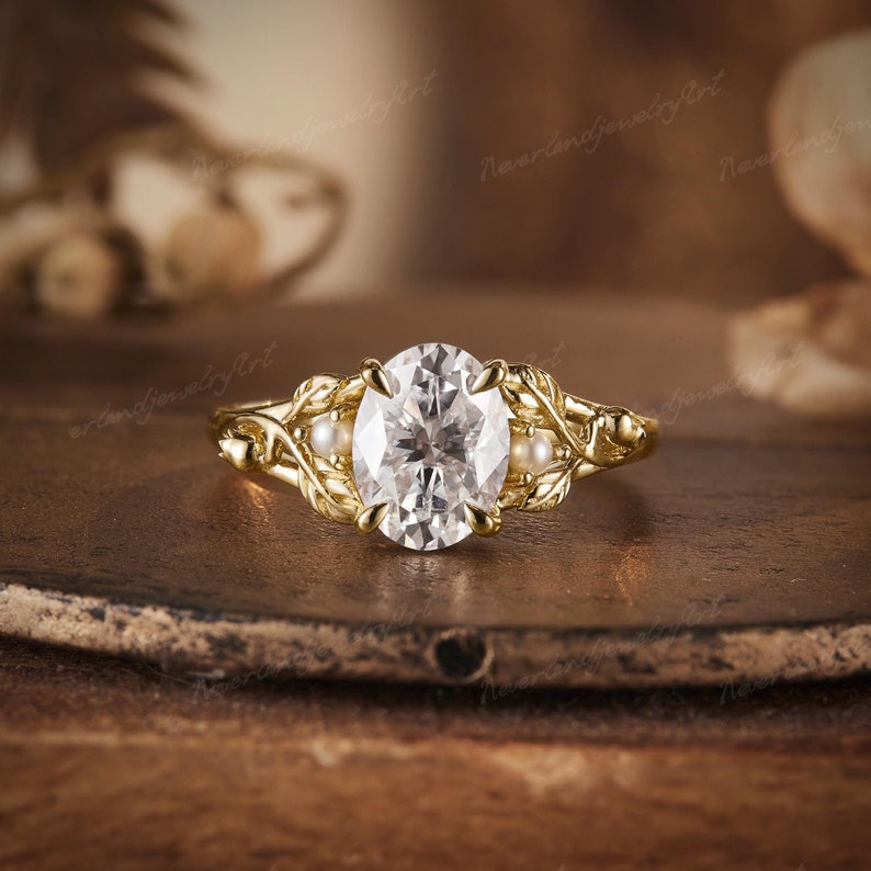 1.5ct Oval Shaped Moissanite Engagement Ring Leaf Yellow Gold ...