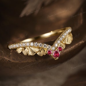 Vintage Natural Ruby Wedding Band Solid Gold Leaf Matching Ring Nature Inspired Ginkgo Ring Curved Stacking Matching Ring Gifts For Women