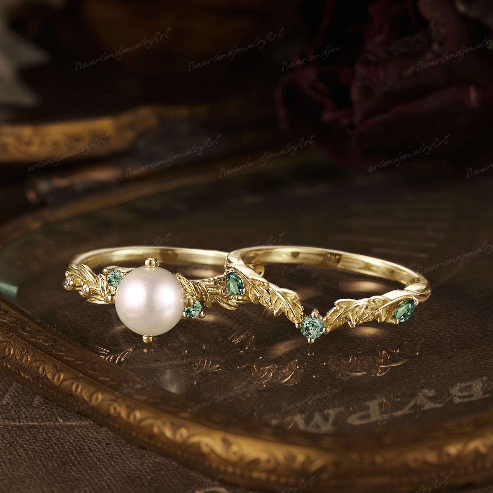 Vintage Akoya Pearl Engagement Ring Set Solid Gold Wedding Ring Pearl ...