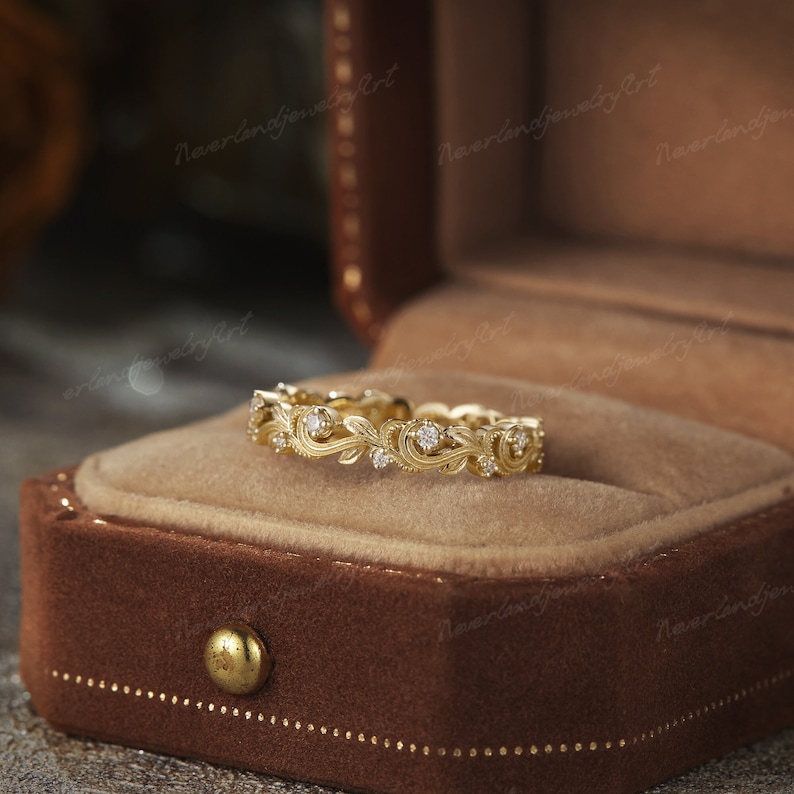 Vintage Diamond Wedding Ring Inspired Moissanite Wedding Band Handmade Gold Engraving Promise Ring Full Eternity Stacking Wedding Band Women