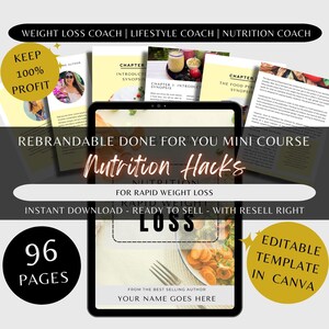 May include: A digital product mockup with the text "Nutrition Hacks" and "For Rapid Weight Loss." The image includes a tablet displaying a course outline, a circle with "96 Pages," and text that reads "Keep 100% Profit." The product is an editable template.