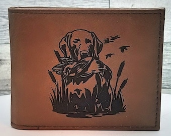 Portefeuille à deux volets en cuir gravé pour chien de chasse aux oiseaux