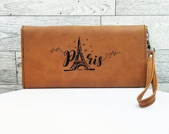Portefeuille Paris à trois volets gravé en cuir pour femme