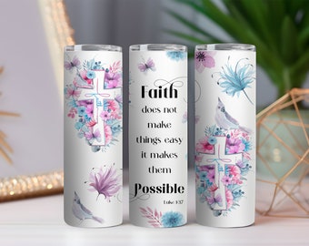 Luke 1:37 Christian Tumbler | Floral Cross, Butterflies, 20 oz Stainless Steel
