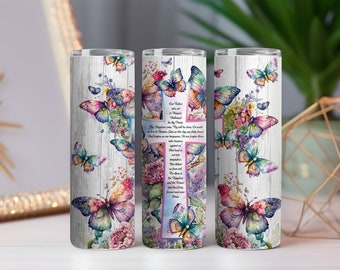 Lord's Prayer Tumbler | Floral Butterfly Christian Coffee Cup