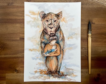 Gift for moms for birth | A4 Watercolor Art Print "Lioness" | mother with baby