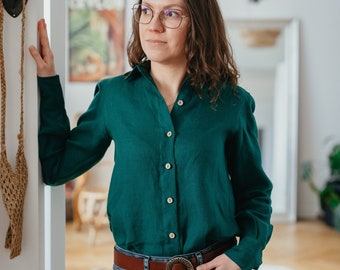 Linen shirt, linen shirt with coconut buttons, green shirt