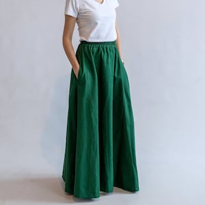 Long Story - wide linen maxi skirt, bottle green skirt, green skirt, green long skirt, minimalist skirt, long skirt, boho skirt