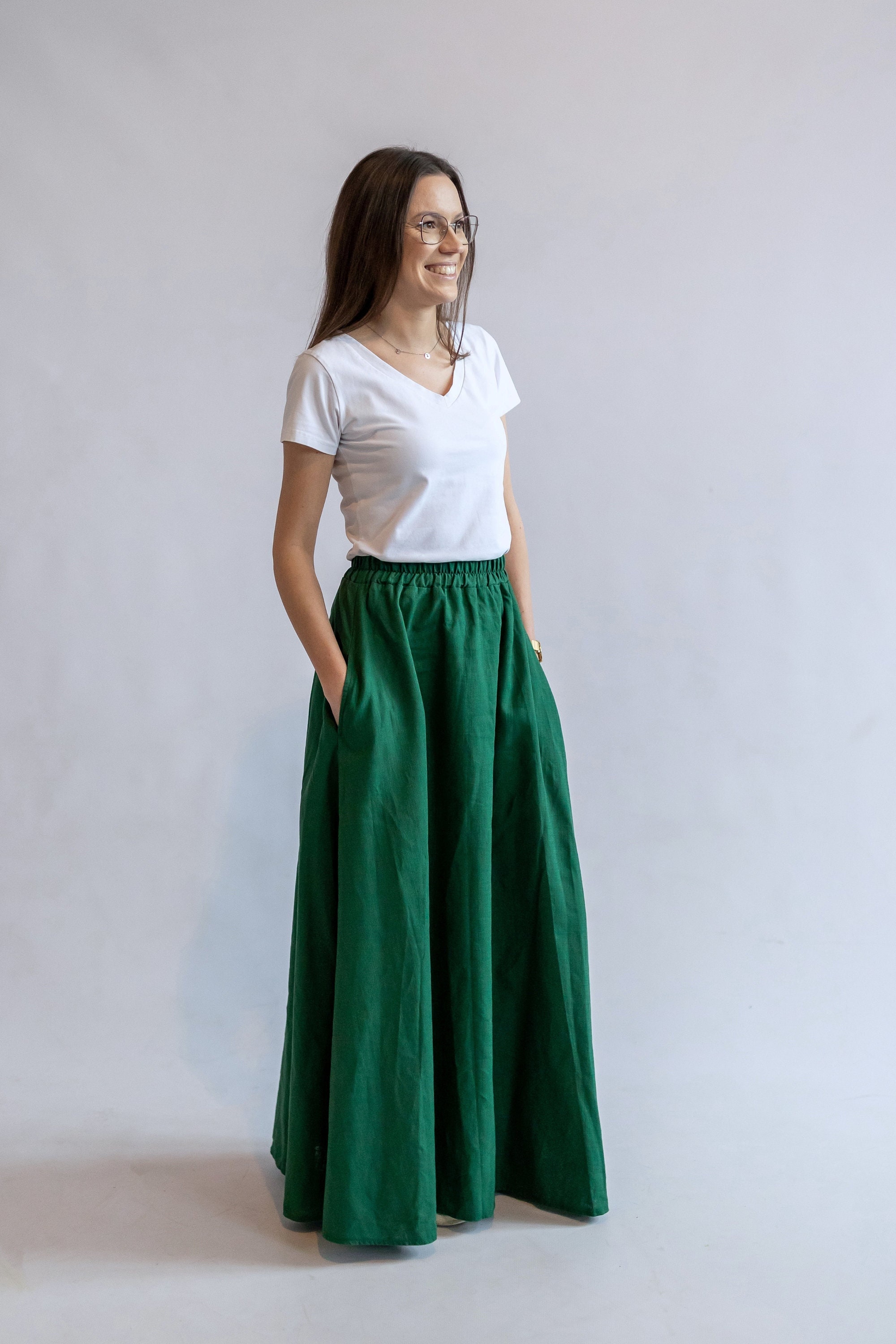 Long Story Wide Linen Maxi Skirt Bottle Green Skirt Green Etsy