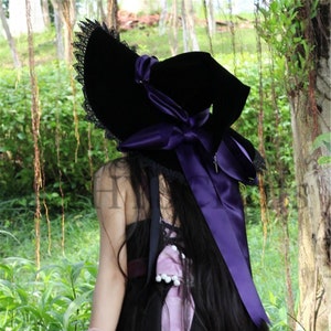 New Halloween Witch Party Purple Ribbon Hat.Fantastic Gorgeous magic hat.Black Velvet soft witch hat.Lolita hat.Gift.Cosplay witch hat.