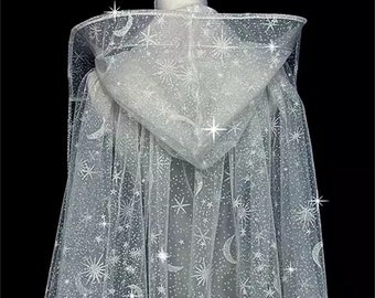 Galaxy starry sky Shiny glitter moon star cape veil.glossy white silver moon star glitter tulle cape.wedding cape.Glitter comes off easily