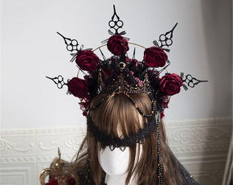 Gothic Rose Lolita Crown.Party Crown.Witch Crown.Gothic Halloween Metal Crown.Cosplay Black Crown.Headdress Gift.Halo Crown.