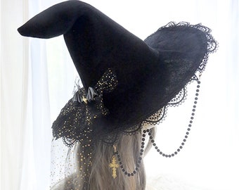 Black Star Witch Hat.Bow Gothic hat.Magic Wizard hat.Lolita Party hat.Gift.Cosplay Black Lace bow Witch hat.Gorgeous Witch Devil Magic hat.