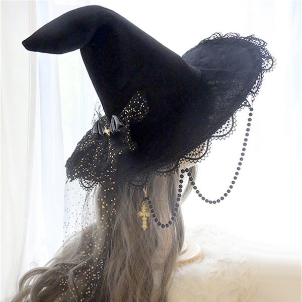 Black Star Witch Hat.Bow Gothic hat.Magic Wizard hat.Lolita Party hat.Gift.Cosplay Black Lace bow Witch hat.Gorgeous Witch Devil Magic hat.