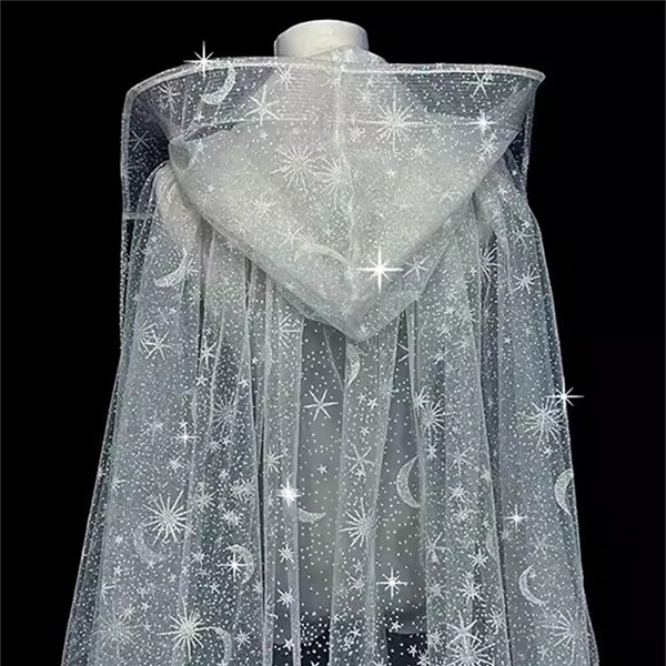 Galaxy starry sky Shiny glitter moon star cape veil.glossy white silver moon star glitter tulle cape.wedding cape.Glitter comes off easily