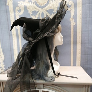 Black ribbon Witch Hat.Bow Gothic hat.Velvet soft wizard hat.Lolita Party hat.Gift.Cosplay witch hat.Gorgeous witch hat.Magic hat