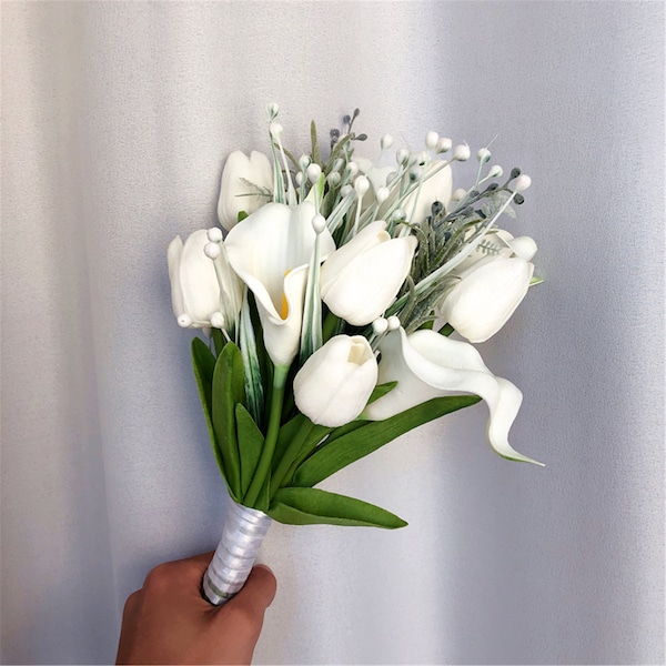 Été Frais Doux Blanc Tulipe Mariage Bouquets de mariée Demoiselles d’honneur Bouquets.Floral vintage Faux Bouquet de Fleurs.Blanc Floral Valentine