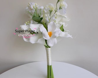 Wedding Bridal lily Bouquets.Summer Bridesmaid bouquet.Sweet Vintage Fake Flower Bouquet.White bouquet Valentine.Room deco