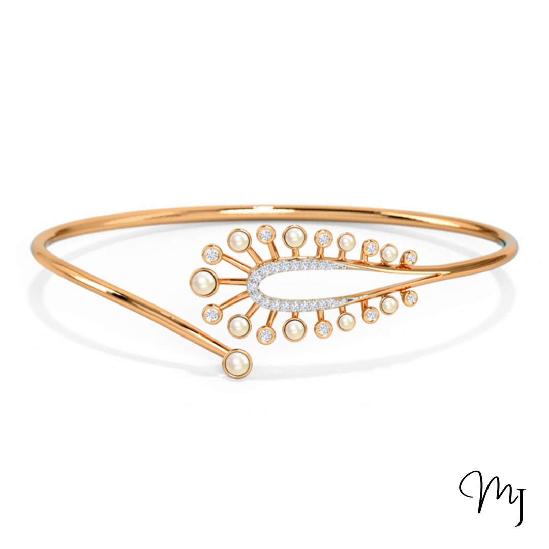 Open Cuff Diamond Bracelet Studded With Diamonds and Pearl in 14K Solid